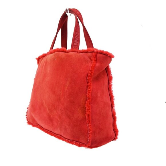 CHANEL CC Logo Hand Tote Bag Suede Shearling Fur Red GHW France 86KA838 - Picture 4 of 15